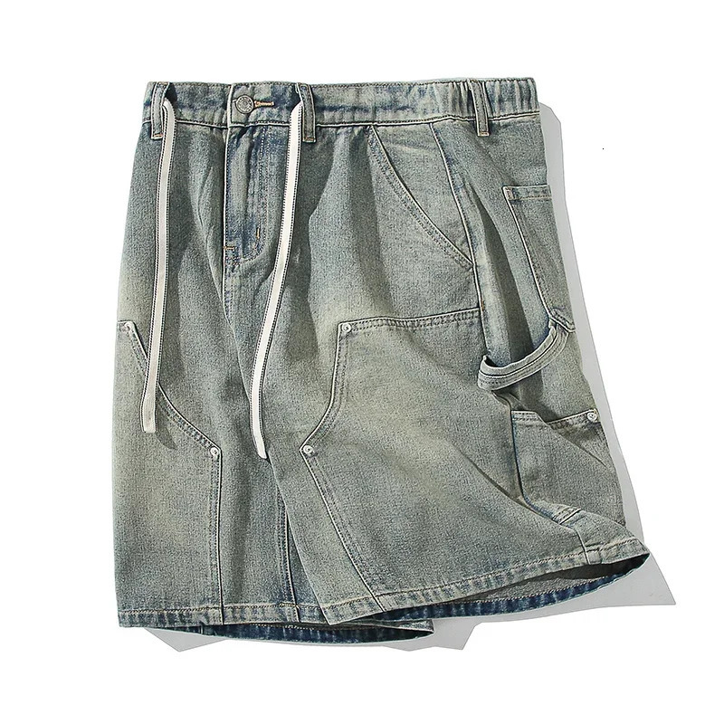 Summer high street straight denim mens retro loose casual shorts wear elastic waist cargo 250313