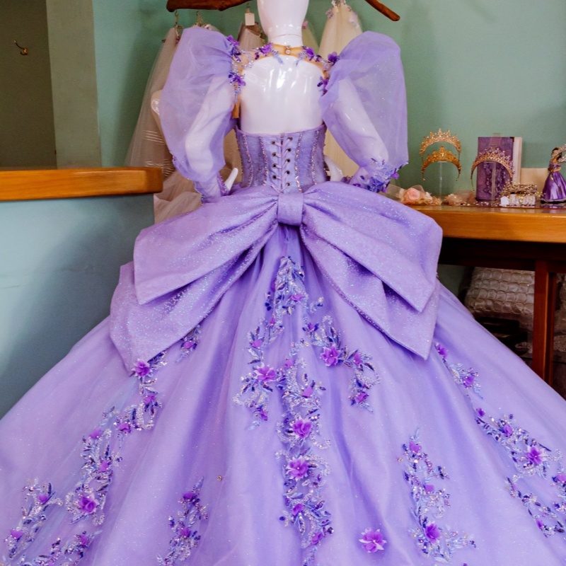 Lavender Shiny Off Shoulder Quinceanera Dresses Applique Flower Beading Crystal Corset Tull Puff Sleeve Party Birthday Sweet 16 Dress Vestidos 15 anos