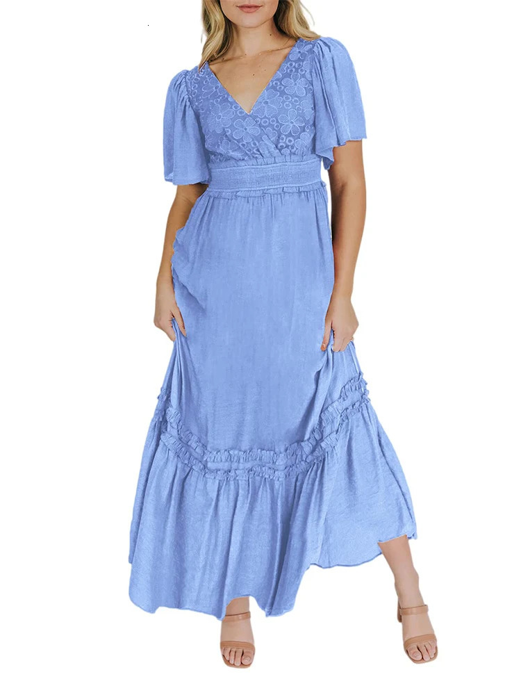 Womens V Neck Formal Lace Maxi Dress Ruffle Fringe Short Sleeve Boho Wedding Guest Long Dresses 250313
