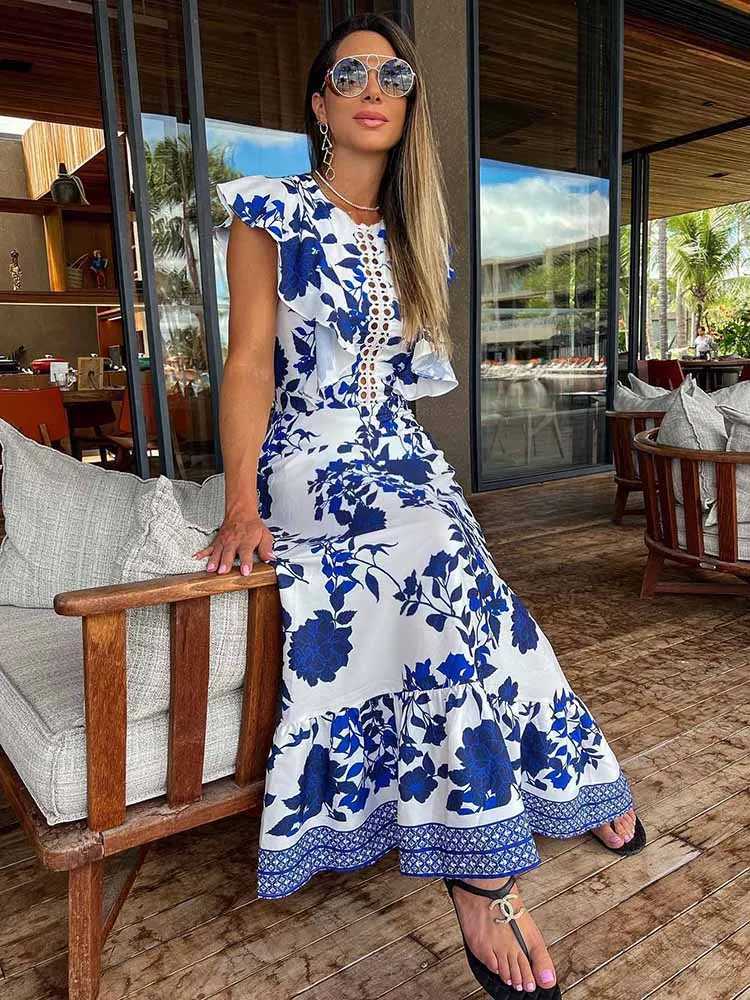 Urban Sexy Dresses 2025 New Blue Floral Print White Dres Women Lace Hollow Out Long Dr Holiady Summer Bodycon Robe Elegant Ruffles Vestidos Y240312UTY