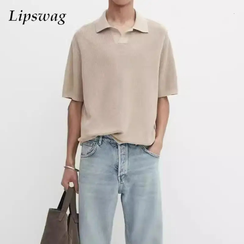 Fashion solid color knitted polo shirt mens spring and summer casual collar jumping top breathable 250313