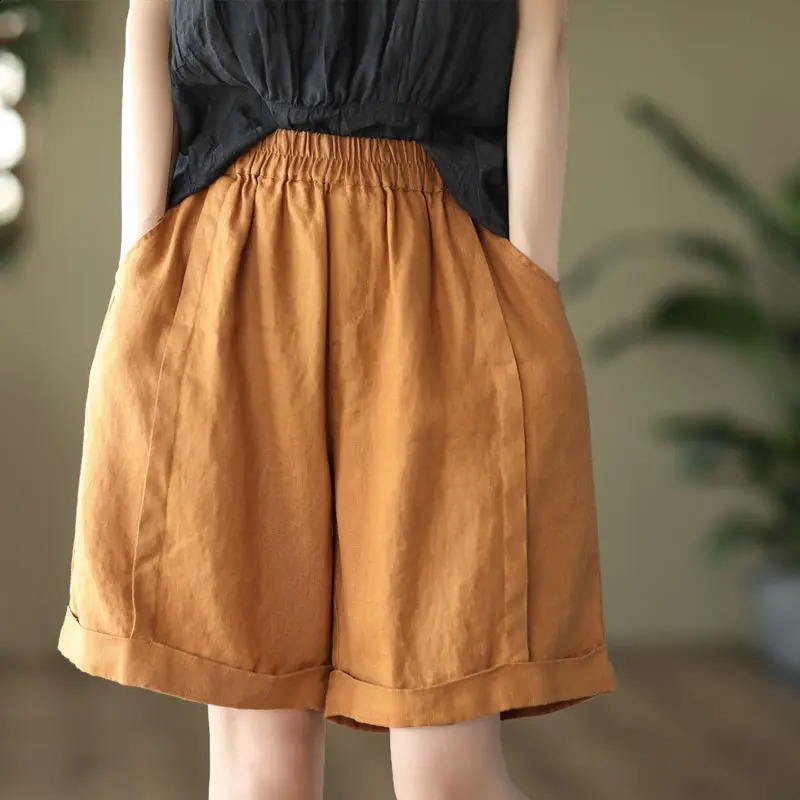 Vintage Cotton and Linen Summer Shorts Lady Patchwork Wide Leg Pants Loose Straight Leg Pants Casual Solid Color All-match Pants 250313