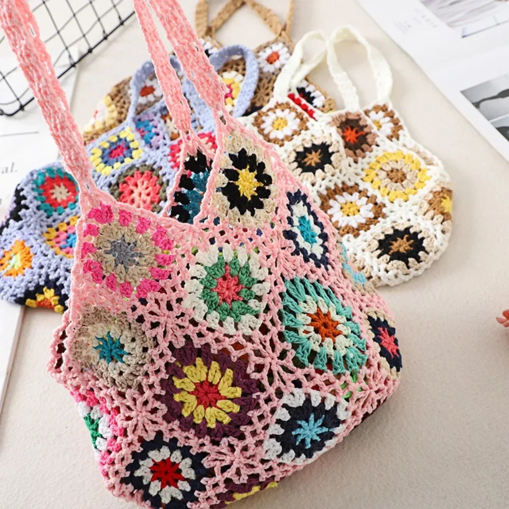 Large Capacity Fashion Cut-out Boho Tote Bag Trendy Floral Crochet Handmade Knitted Bag Vintage Multicolor Hollow Out Handbag R250312