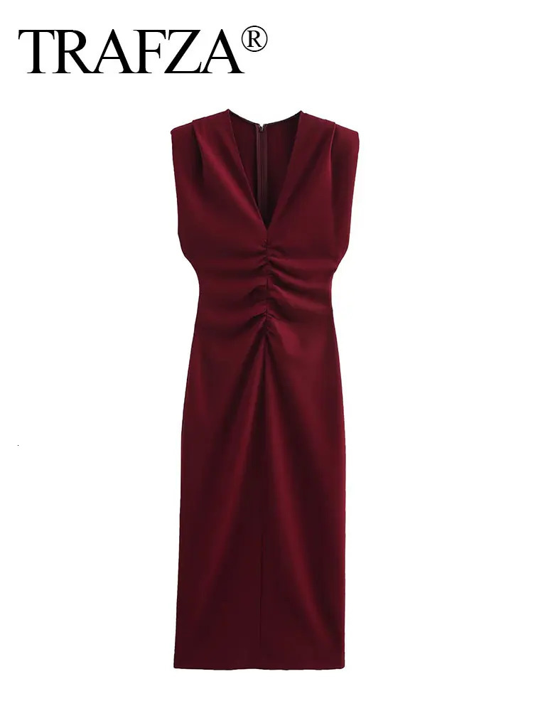 TRAFZA Summer Womens Fashion Dress Trend Wine Red Ultra Thin Midi Folded Evening Vestidos 250313