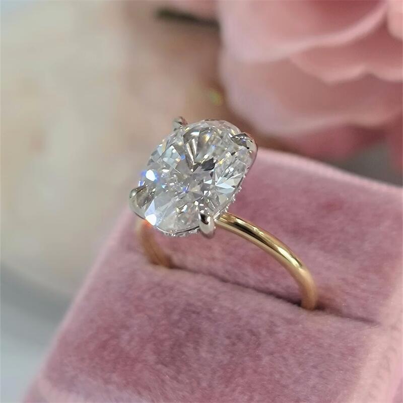Jewelry 3CT Oval 2 Tones Hidden Halo CVD Lab Diamond Engagement Ring Oval Diamond Yellow And White Gold Wedding For Women