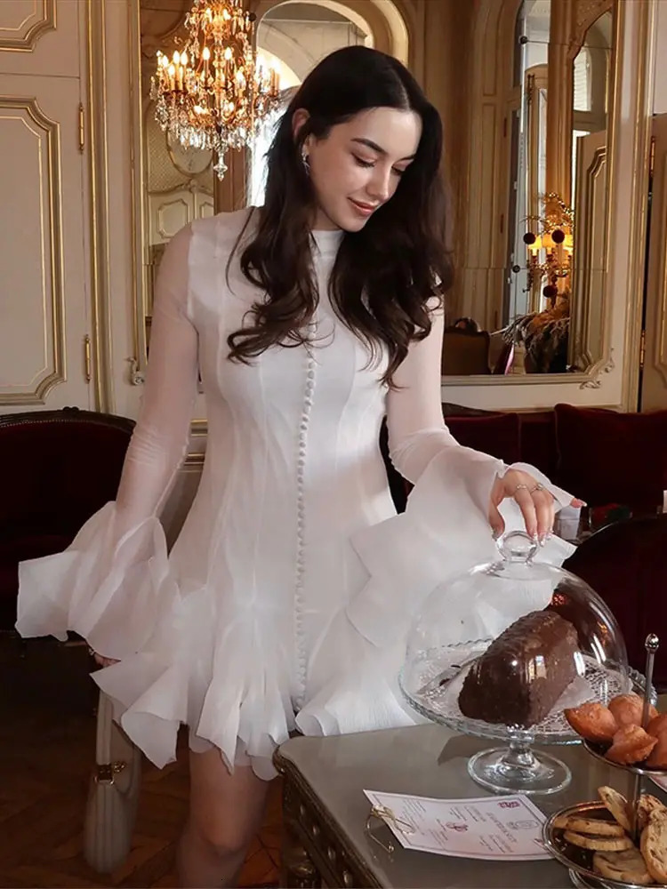 Trumpet Sleeves Puffy Short Dress Woman Single Breasted Lace Waist Cinching Solid Color ONeck Dresses Elegant Women Mini 250313