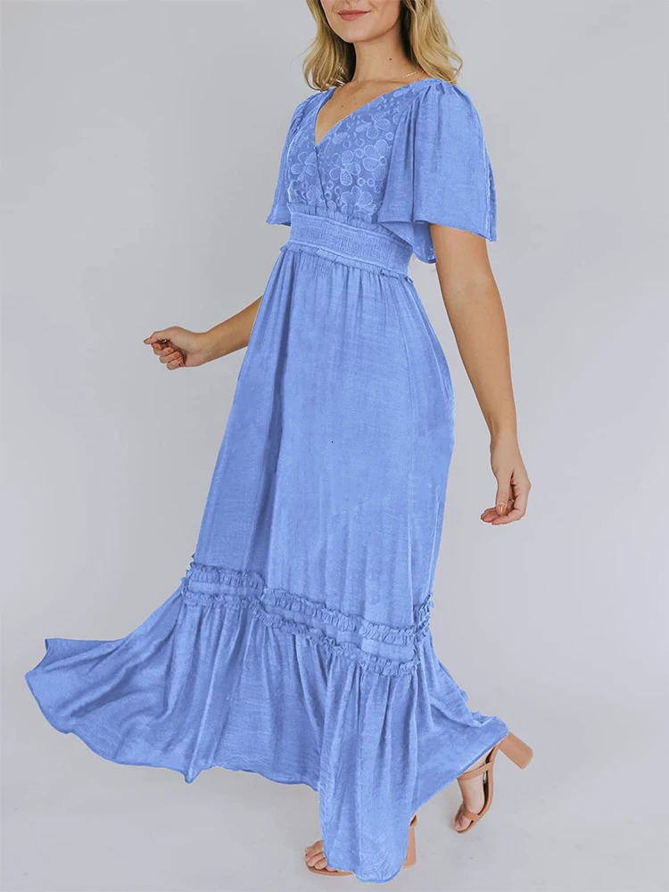 Womens V Neck Formal Lace Maxi Dress Ruffle Fringe Short Sleeve Boho Wedding Guest Long Dresses 250313