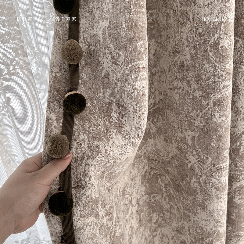 T0385 French Rose Story Rose Manor Curtain Yarn-dyed Jacquard Chenille Blackout Curtain with Pine Cone Pom Poms
