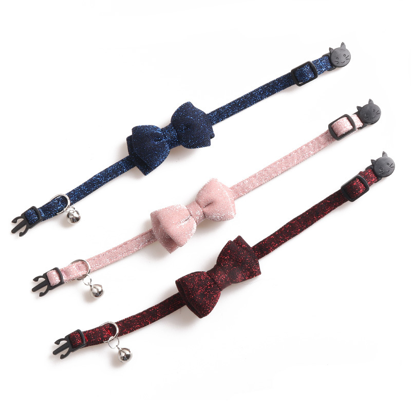 Cat Collar Breakaway with Bowtie and Bell, Red Sparkling Suede Fabric Fashion Kitten Collar with Removable Cat Bowtie Collar for Kitty Cat (18-28cm) B