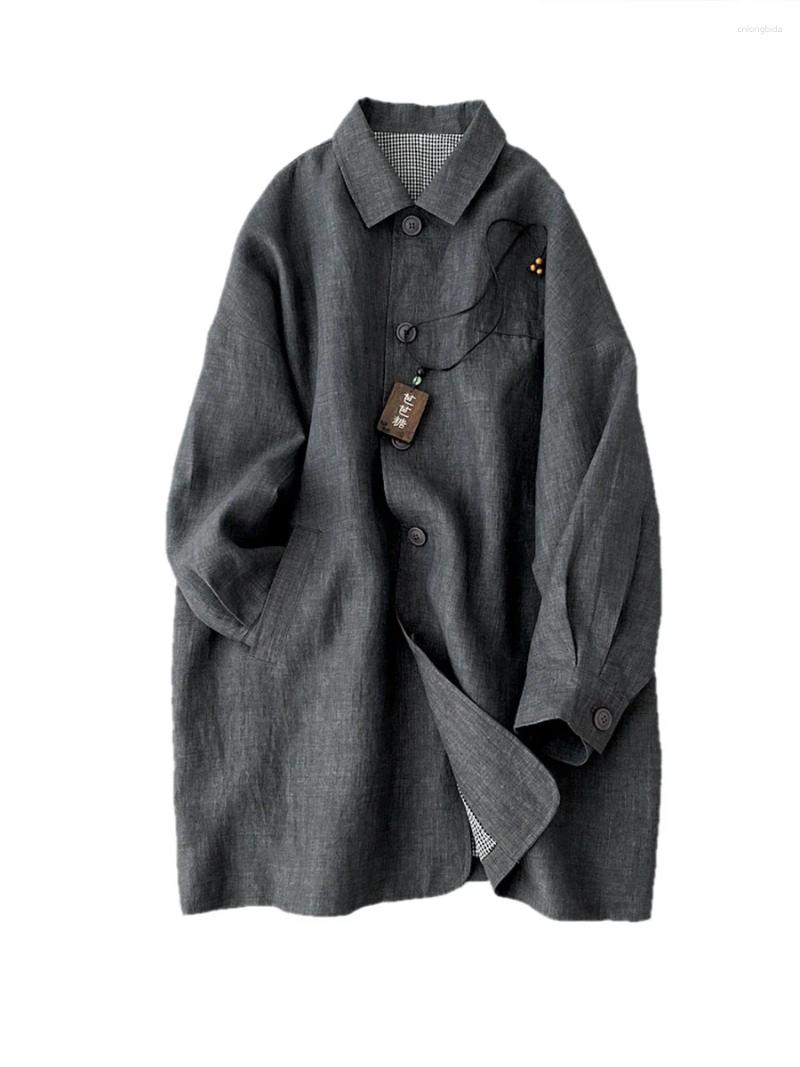 Women's Trench Coats Clothing Washed Linen Long-sleeved Coat Spring Product Medium-length Loose Baba 250208-3