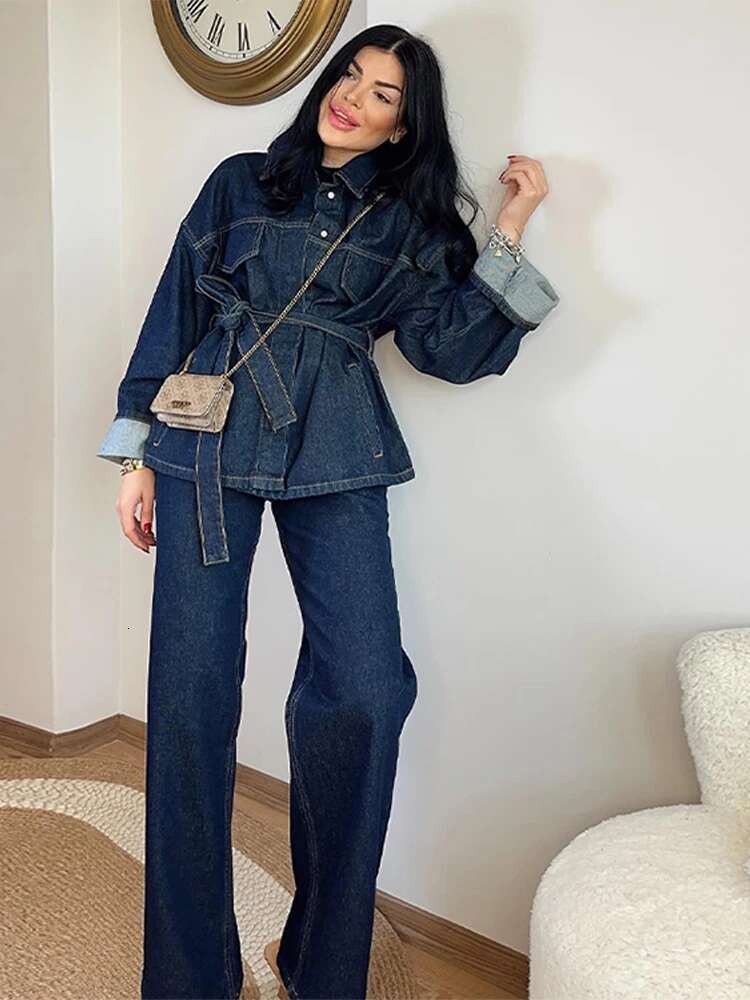 Street Jeans Suit Women Loose Lapel Long Sleeves Belt Denim Coats Sets Female 2025 Spring Fashion High Waist Solid Set Lady