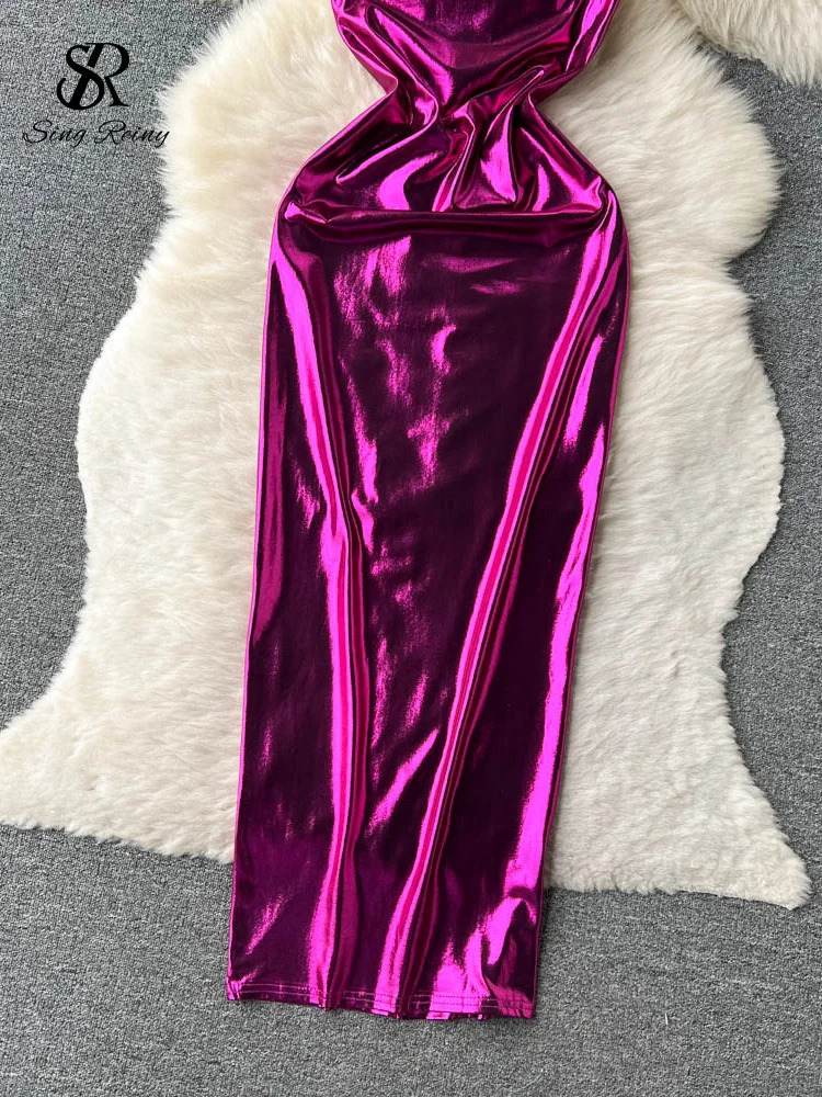 SINGREENY Sexy Body Satin Camis Dress No Back High Waist Fashionable Hollow Shining Summer Womens Party Long 250313