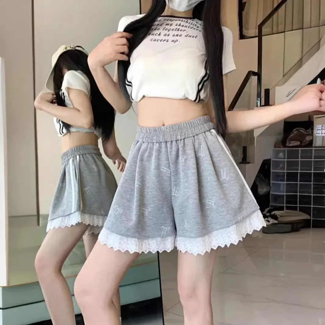 Korean Style Lace Trimming Casual Pants Womens Summer Loose Fit High-Waisted Elegant Versatile Wide-Leg Shorts 250313