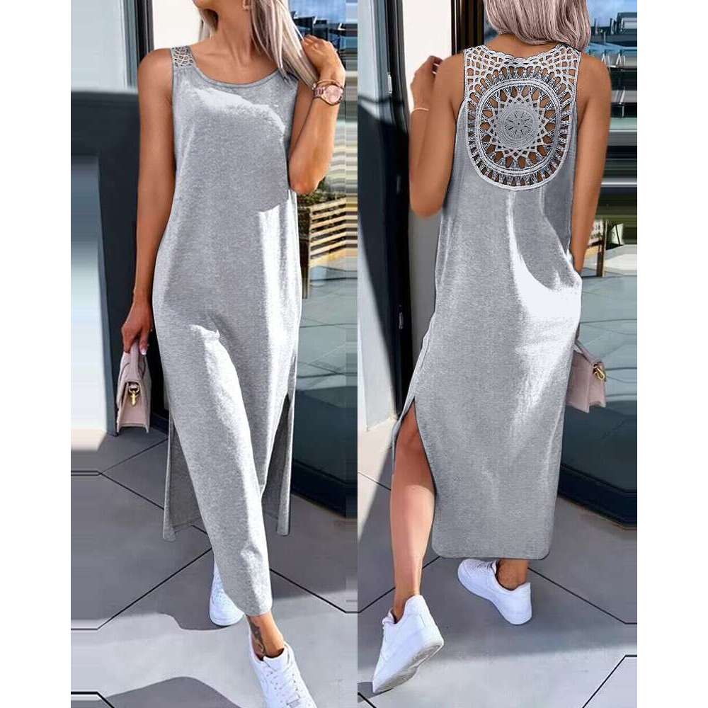 women's clothing, European and American summer hollow solid color medium long dress, 2025 temperament versatile new trend clothing ins