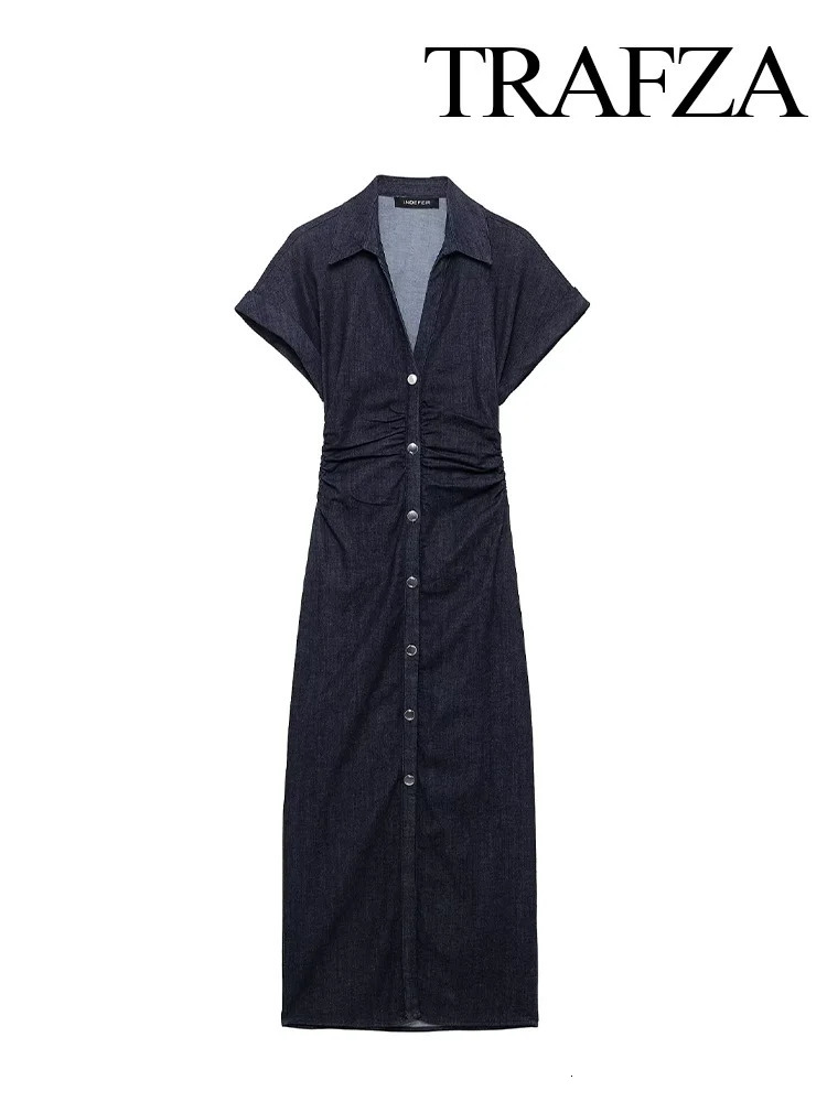 TRAFZA Womens Dress Fashion Solid Short Sleeve SingleBreasted Female Summer Pleated n Denim Turn down Collar Midi 250313