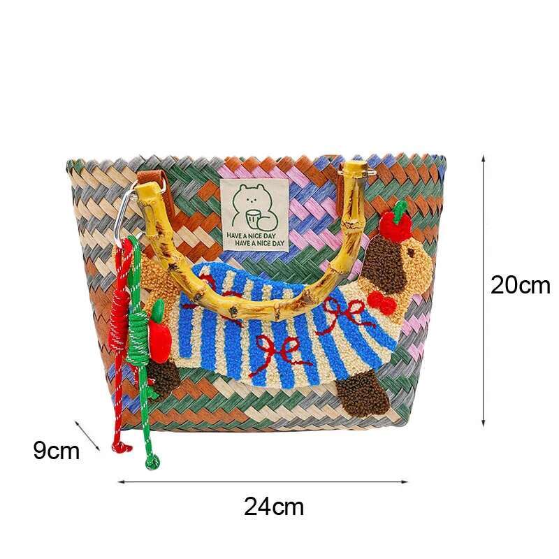 Summer Cute Dahund Casual Vegetable Basket Retro Colorful Wicker Woven Beach Straw Bags Girls Women Travel Handbag