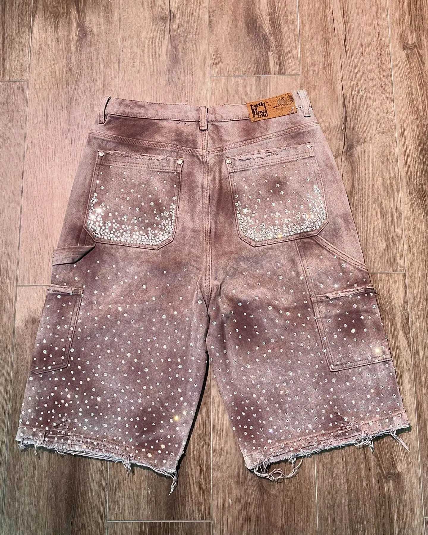 Streetwear shorts Y2K jeans American hip-hop retro Rhinestone sequin pocket denim gym shorts new high waisted casual shortsXJ250313