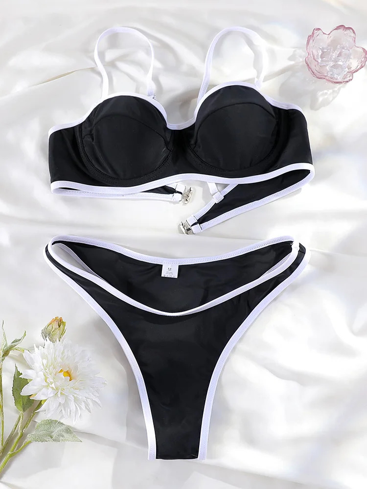 Miyouj High Cut Swimwear Bikini Solid Color Bkini Swimsuits Black Beachwear Low Waist Biquini Push Up Two Piece Suit 250311