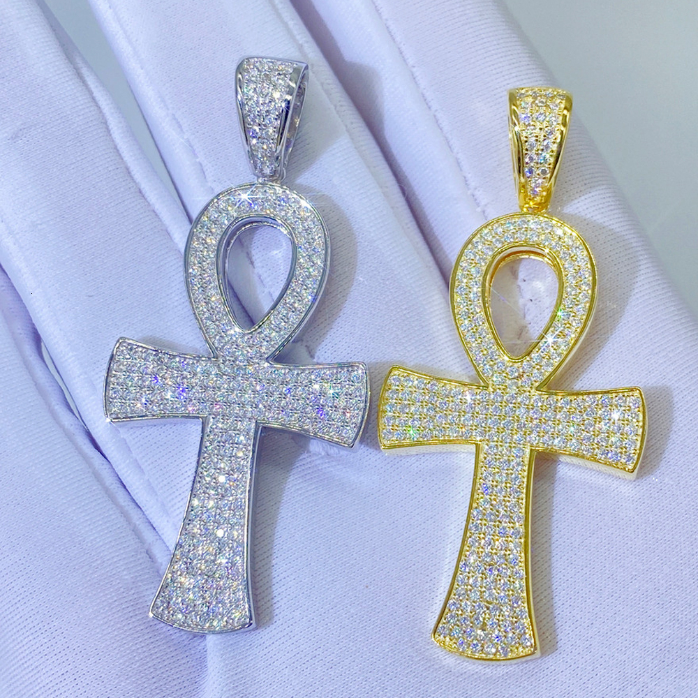 VVS1 Moissanite S Sier Round Ankh Cross Pendants Necklace Real Dia Iced Out Necklaces For Men Women Jewelry With GRA