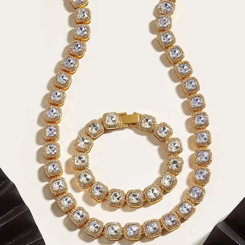 Mens Shiny Square Micro-inlaid Tennis Chain Set Iced Out Hip Hop Jewelry Set Rapper Chain