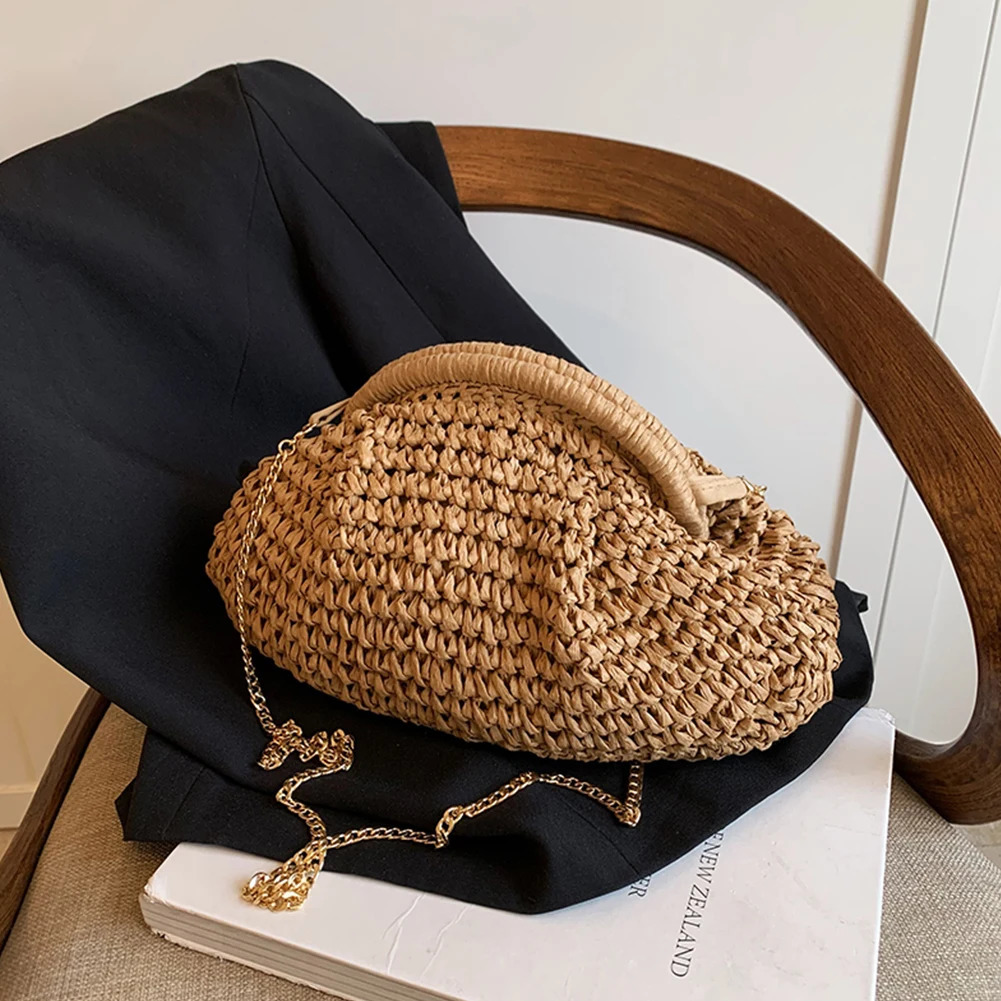 Women Straw Woven Bag Chain Strap Straw Clutch Purse Large Capacity Stylish Crossbody Bag Solid Color for Summer Beach R250312