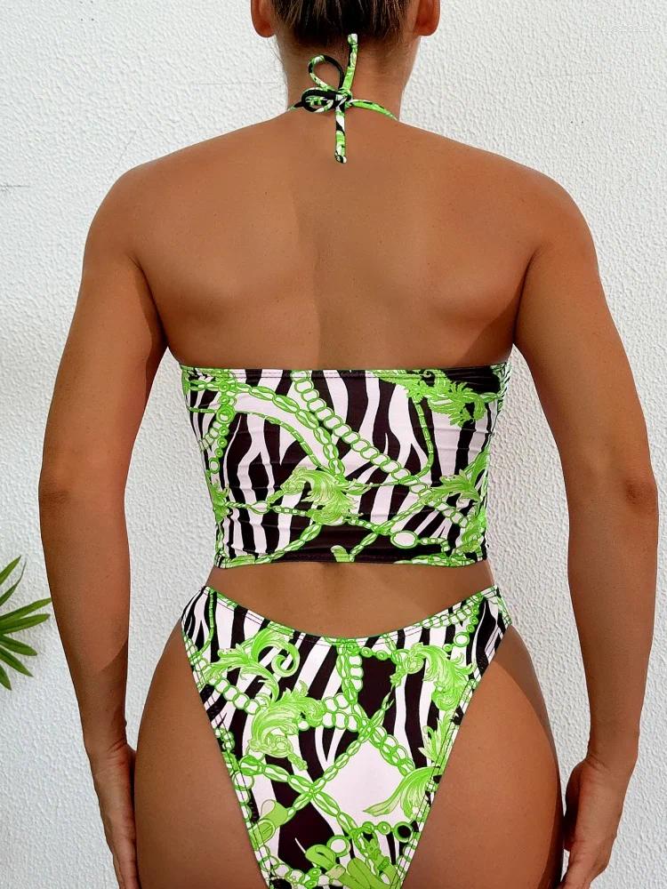 Women's Swimwear Bikini Women Swimsuit 2026 Print Halter Design Lace Up Bikinis Set Sexy Hollow Out Summer Beach Bathing Suit Female