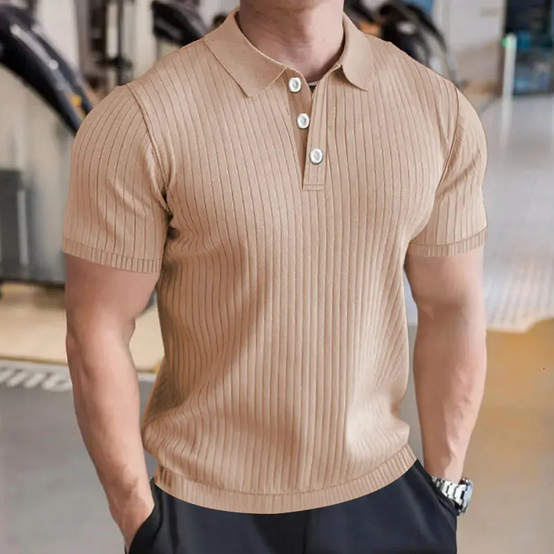 Summer mens retro knitted lapel striped polo shirt solid color thin comfortable short sleeved Tshirt item 250313