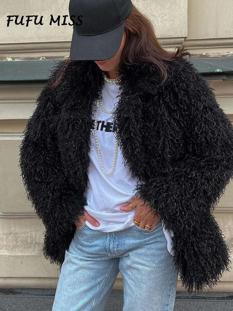 Fluffy Faux Fur Coat Women Solid Lapel Long Sleeve Loose Thicken Jacket Overcoats 2024 Winter Lady Fashion Warm Outwears