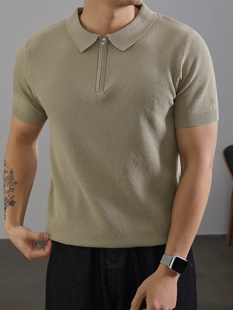 Retro Collar Zipper Knitted Polo Shirt Mens SpringSummer Casual Solid Color Ultra Thin Short Sleeve Street Clothing 250313
