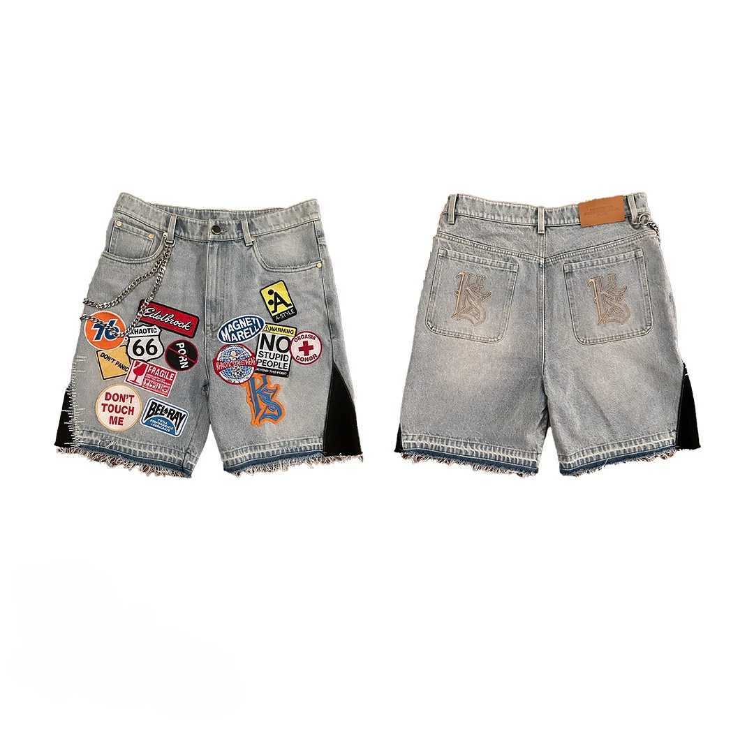 America Retro Denim Hip Hop Pattern Patchwork Shorts Mens Y2k Gothic Western Cowboys Blue Baggy Jeans Shorts Gym Running ShortsXJ250313