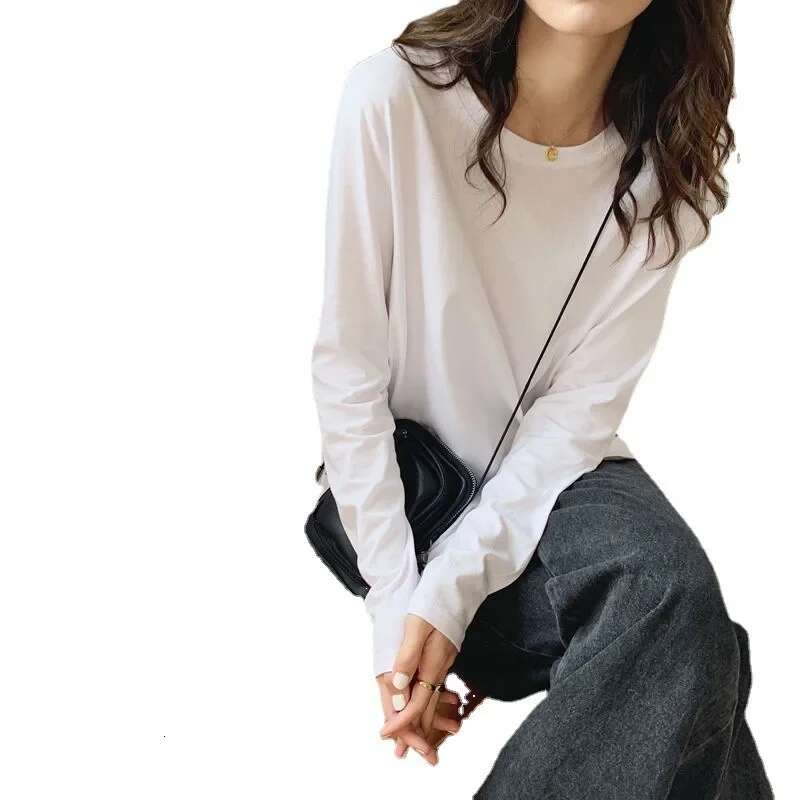 2025 White Long Sleeve T-Shirt Women's Loose Fit Round Neck Versatile Solid Color Spring Autumn Base Layer Tns