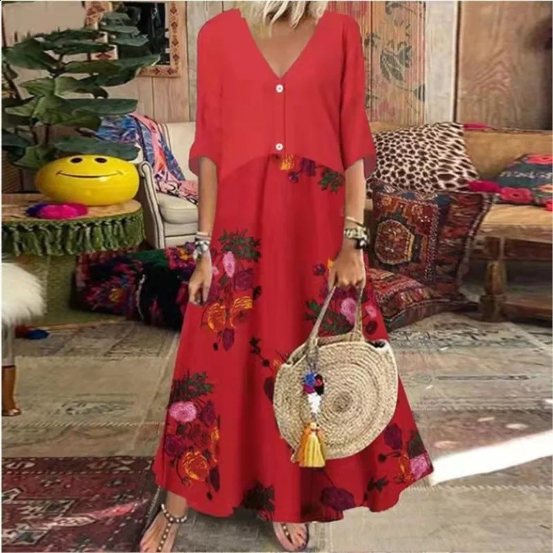 Vintage Print Maxi Dress Women Spring Summer Casual V-neck Short Sleeve Button Oversize Loose Dress Elegant Long Dresses Female 250313
