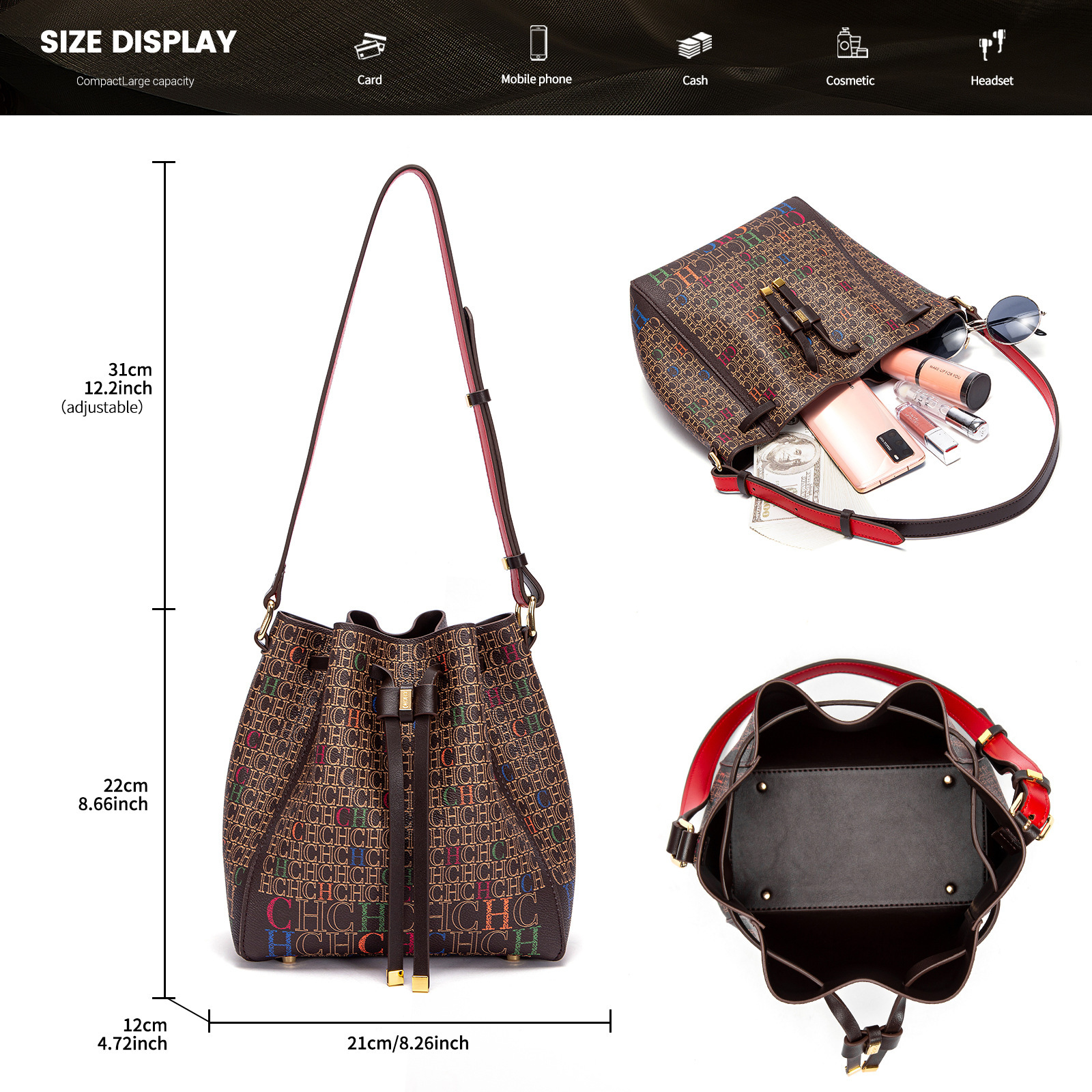 CHCH Drawstring Fashion Trend Bucket Large Capacity Women's Bag
