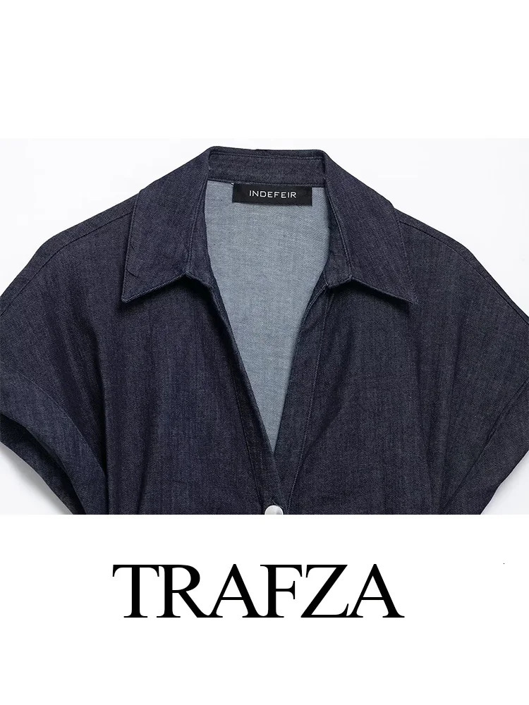TRAFZA Womens Dress Fashion Solid Short Sleeve SingleBreasted Female Summer Pleated n Denim Turn down Collar Midi 250313