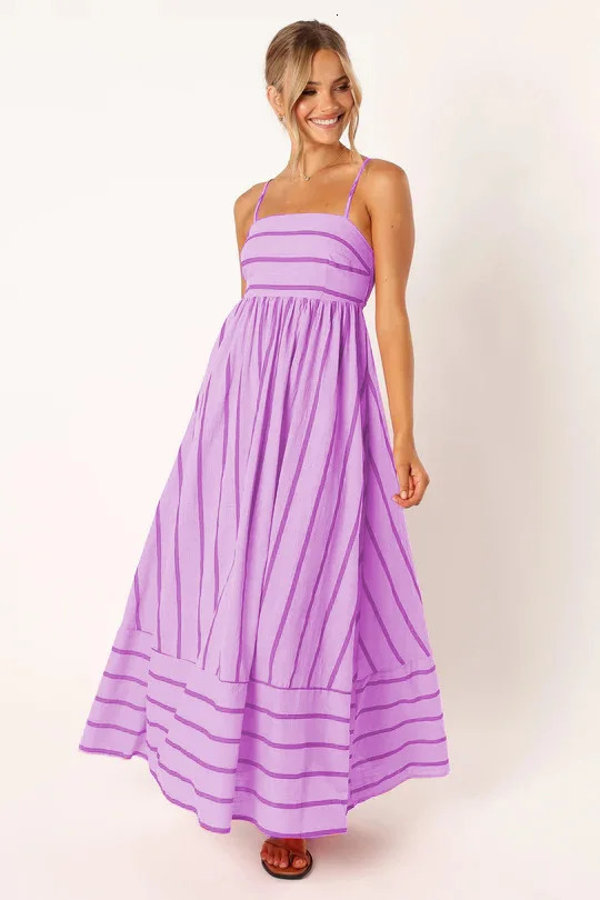 Womens spliced single long striped suspender backless swing dress 250313