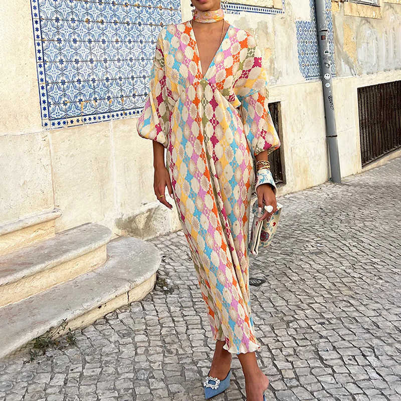 Urban Sexy Dresses 2025 Summer Women Geometric Patterns Print on Dr V-neck Puff Slve Loose Pleated Midi Dr Female Robes Plus Size S-3XL Y240312IYTV