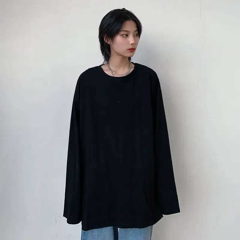 2025 White Long Sleeve T-Shirt Women's Loose Fit Round Neck Versatile Solid Color Spring Autumn Base Layer Tns