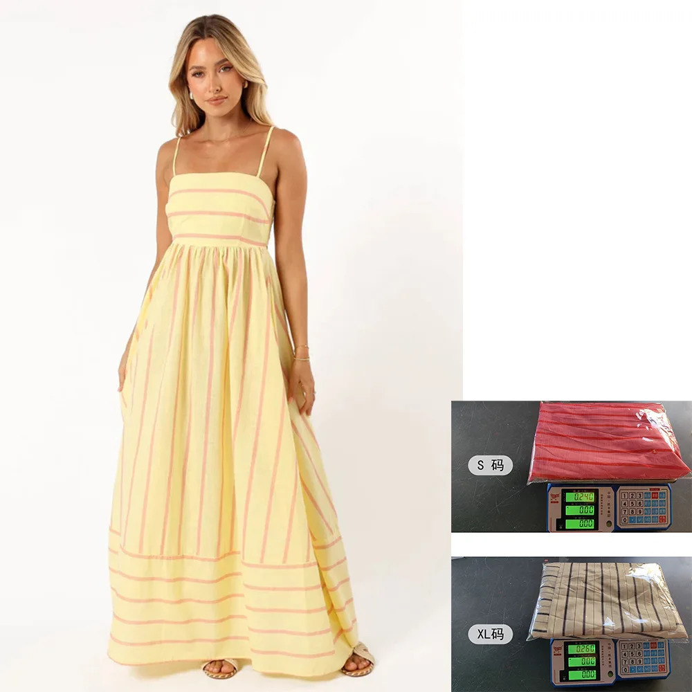 Womens spliced single long striped suspender backless swing dress 250313