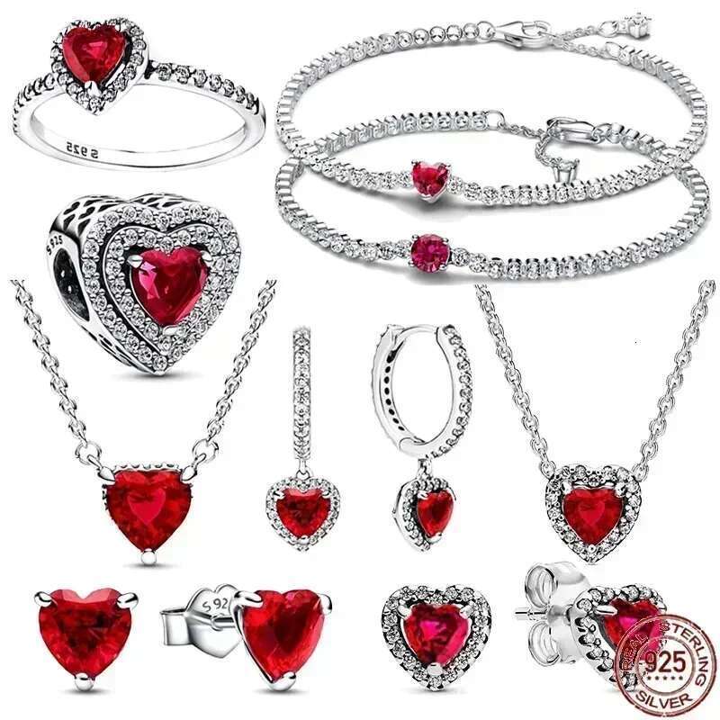 2025 925 Sterling Silver Shiny Classic Red Heart Ring Necklace Bracelet Exquisite Love Charm Jewelry Fit DIY Party Gifts