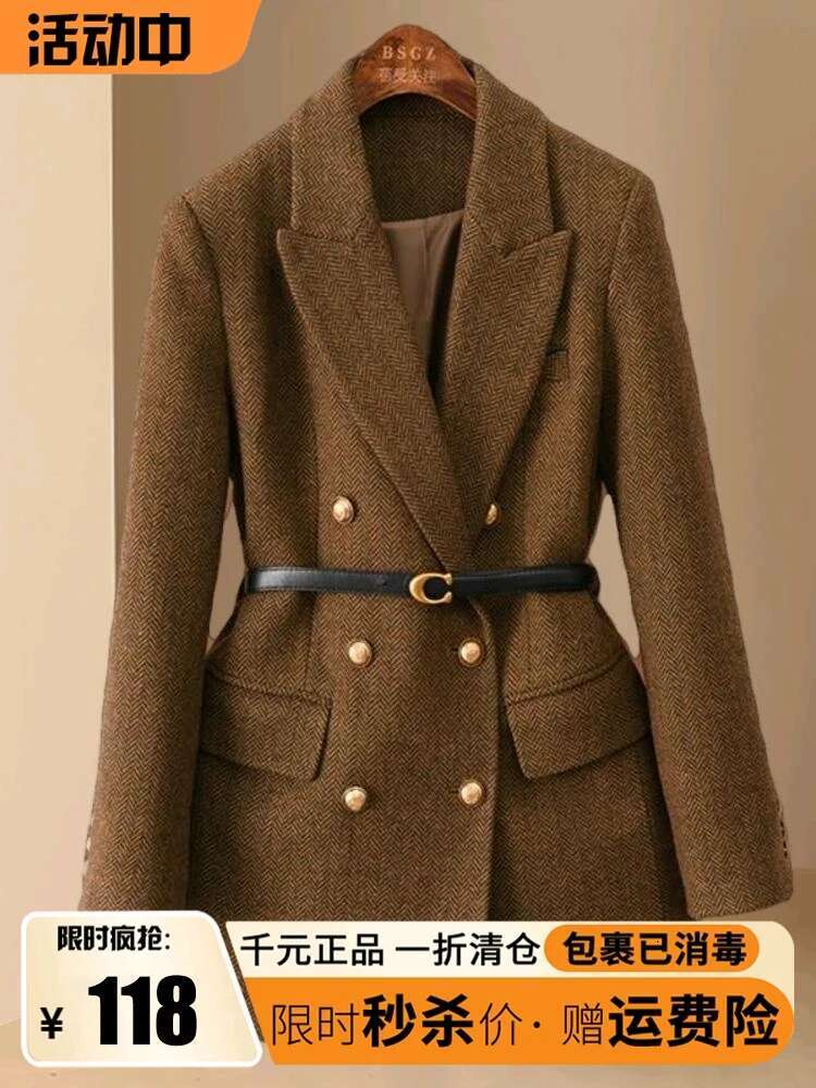 Women's Thickened Blazer Coat, Spring Autumn 2024 New Style Woolen Double-Faced Cashmere Overcoat, Winter Export Quality