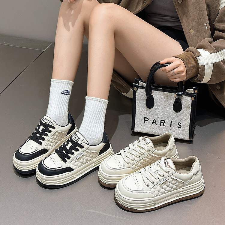 2025 New Women s Light Luxury White Shoes Made Of Genuine Leather Thick Soled Board Shoes Designed By Fashion Simplicity, And Versatile Diamond Grid S