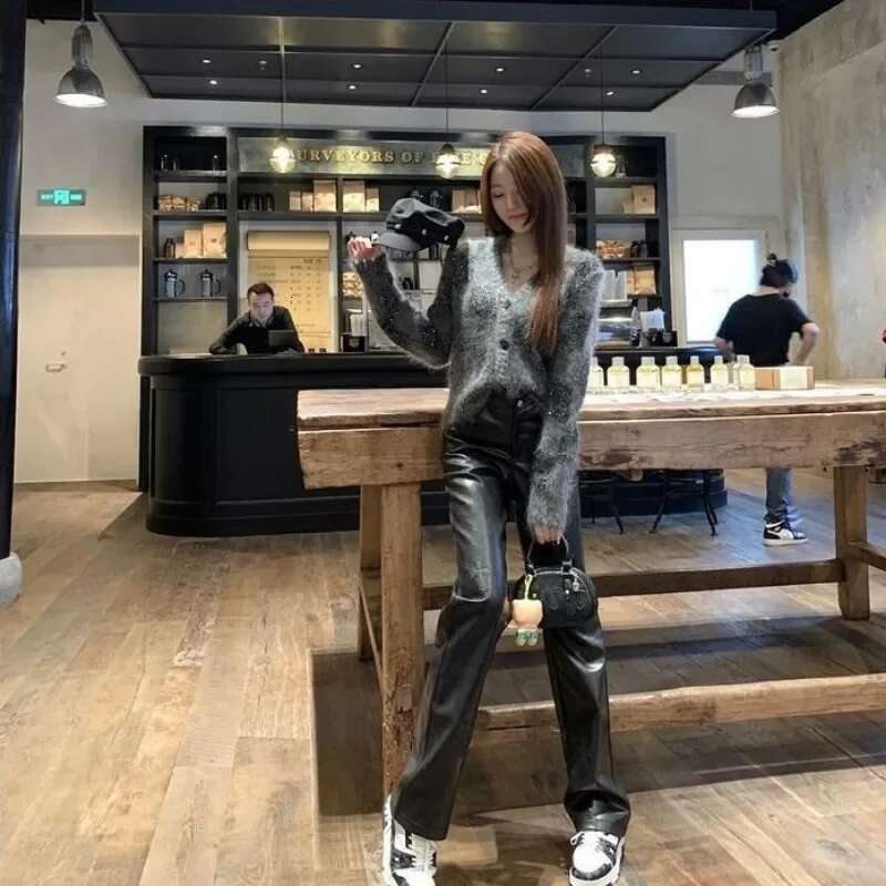Fashionable Cross Patterned Straight For Women PU Leather Hot Girl 2024 New Stylish Unique Black Pants Korean Style