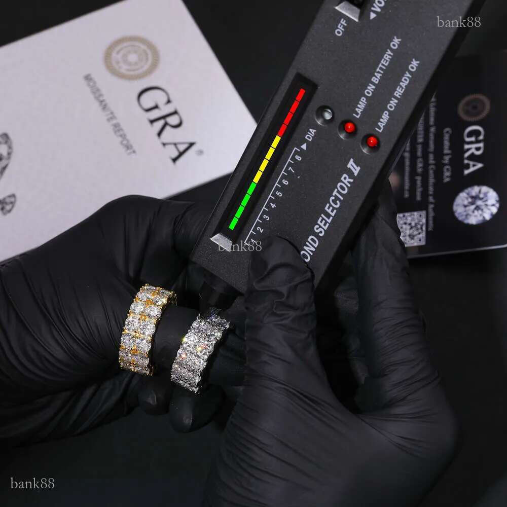 Hip Hop Men's Rings, Fashion Sparkly 2 Row Moissanite Men's Rings Through Diamond Test Sterling Silver Jewelry R