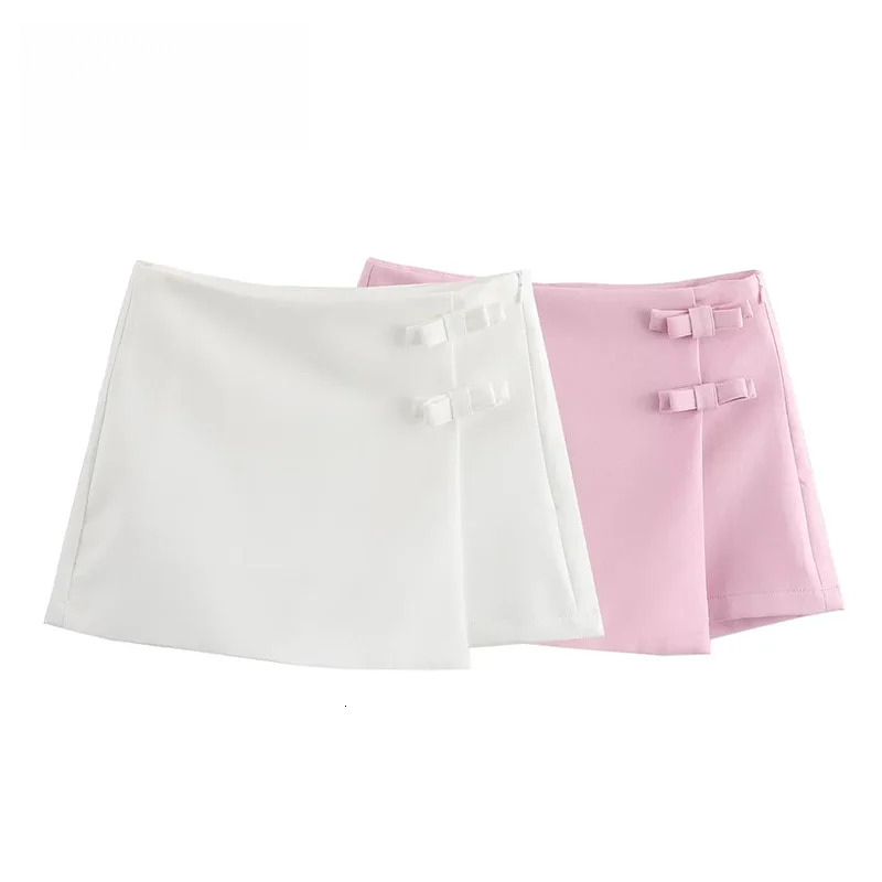 Pink White Mini Fashion Bow Skort For Women Summer Slit Short Woman Split High Waist Skirt Shorts