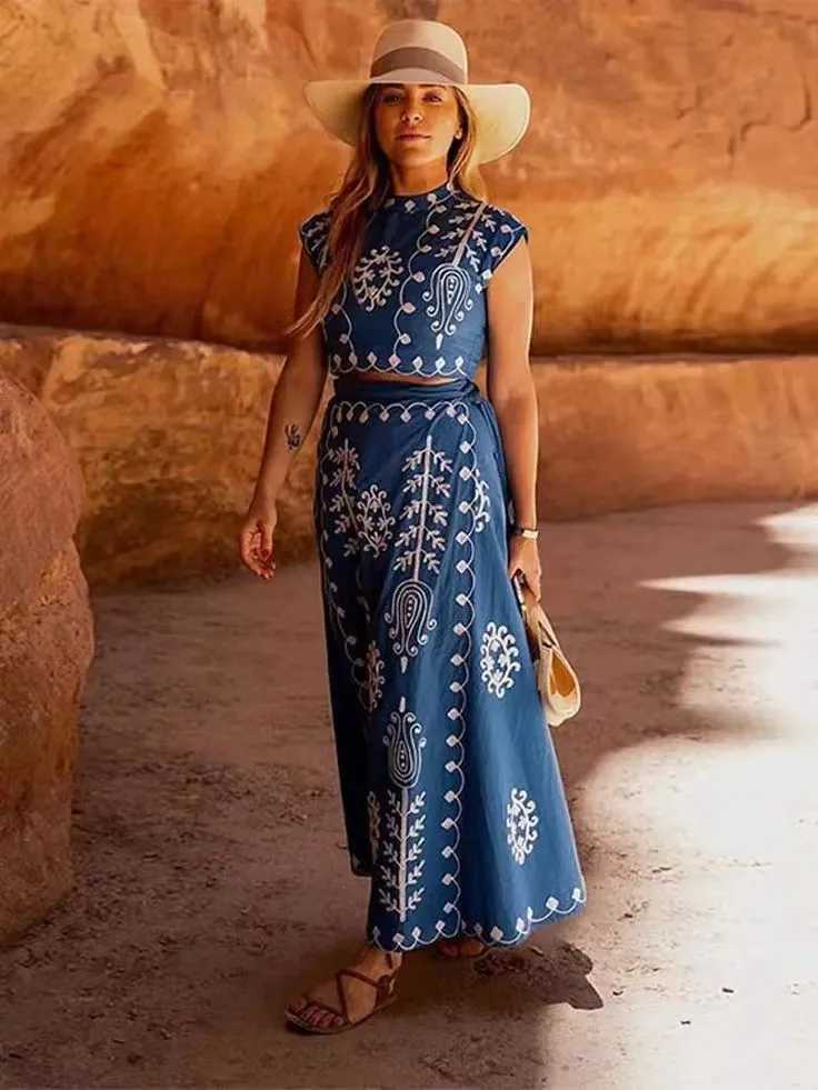 Two Piece Dress Cotton and linen printed top two-piece set for women shoulder pads Slvel crop top lace top womens summer beach set Y250315W0WU