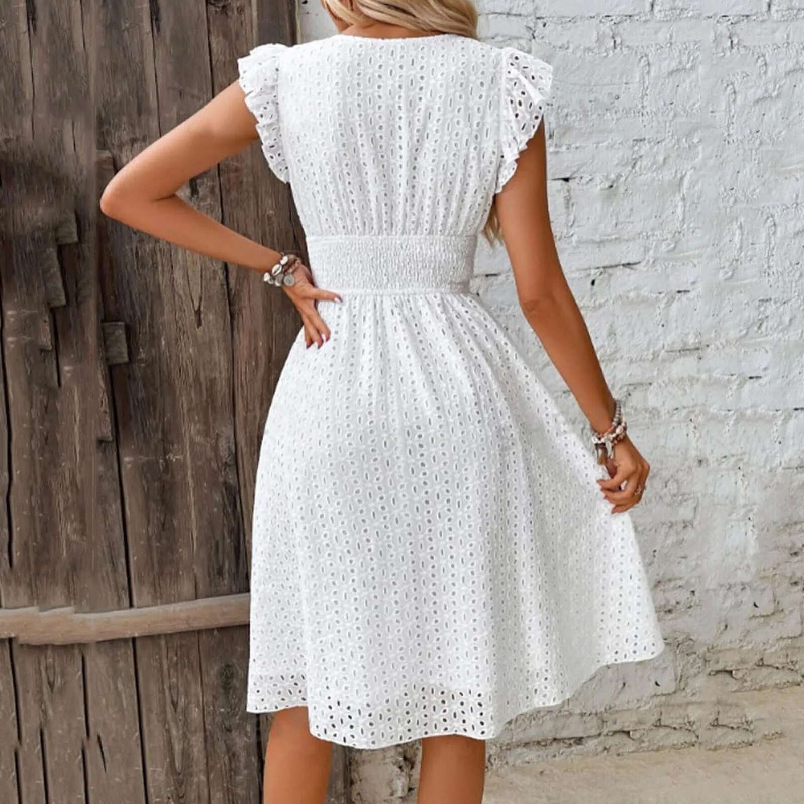 Women White V-Neck Beach Solid Summer A-E Half Sleeve Shirt Dress Casual Loose Pocket Sundress Holiday Baggy Long Robe