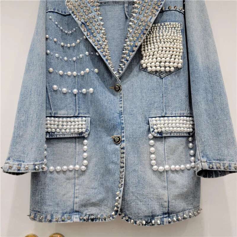 Women Pearls Beaded Denim Suits Jacket Turn Down Collar Jeans Blazers Coat Spring Autumn Loose Rivets Cardigan Mid Length Tops