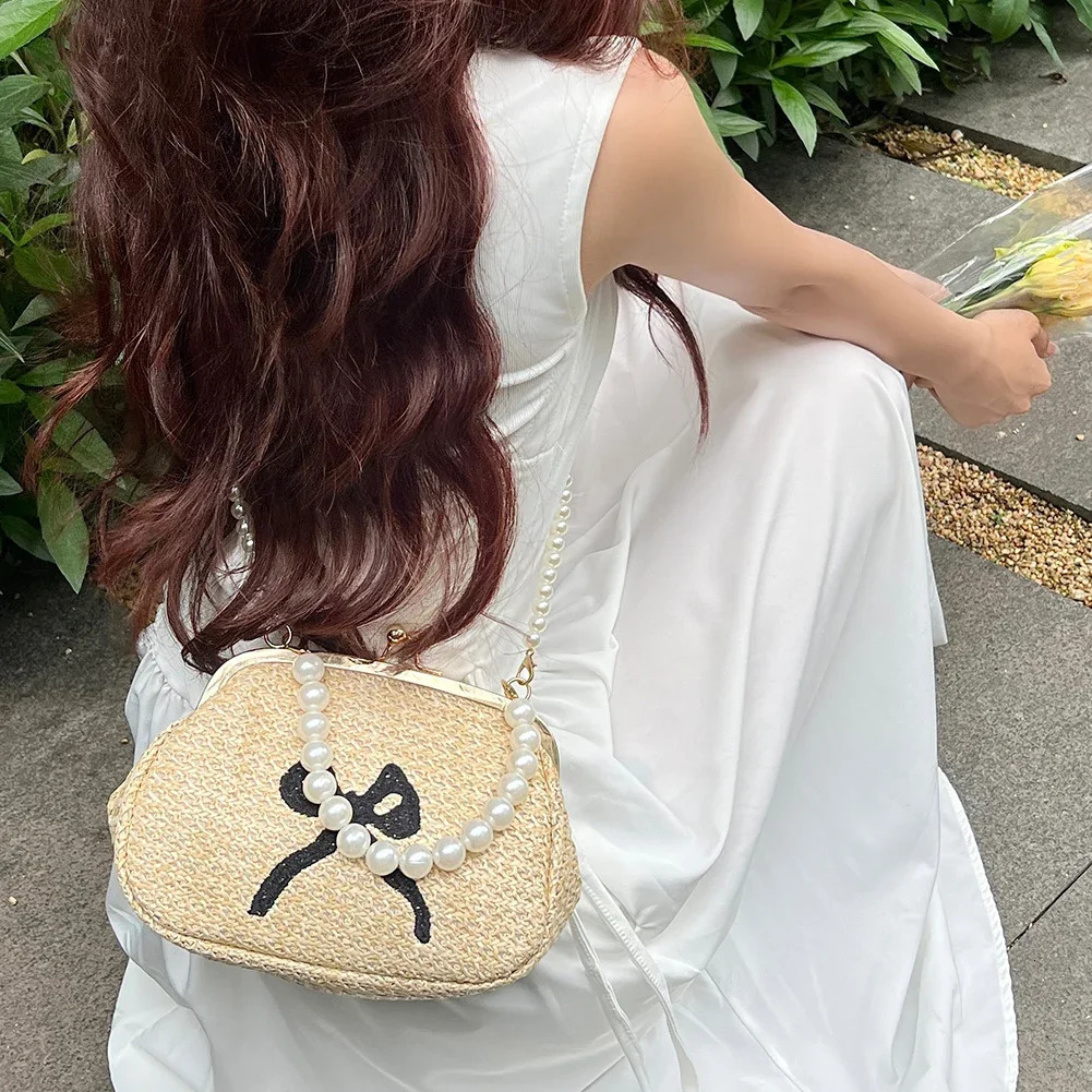 Summer Straw Bag Women Bow Shoulder Bags Pearl Chain Clutch Luxury Top Hand Bag Fashion Handbag Purses Crossbody Bag for Women R250312
