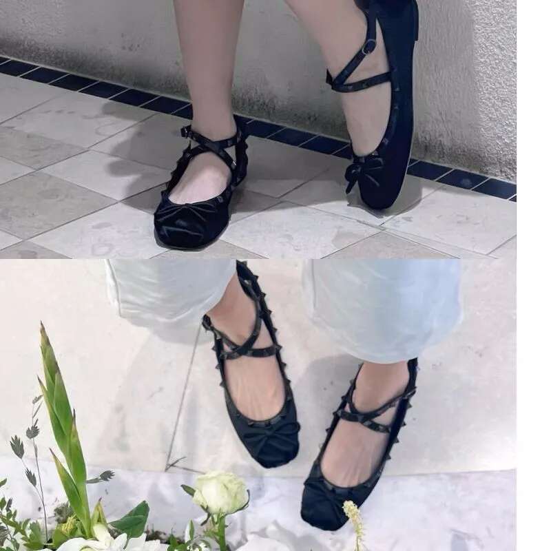 V family riveted satin ballet female 2023 new bow French single flat bottom Mary Jane princess shoes