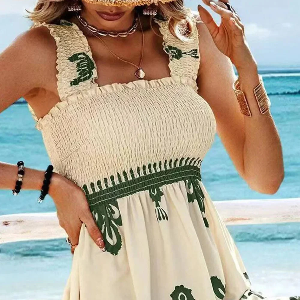 Bohemian womens summer clothing folding shoulder strap print high waist sexy backless beach dress holiday robe fashionable 250313